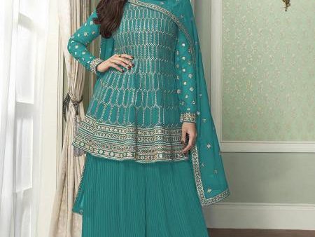 Myra Sea Blue Georgette Embroidered Palazzo Suit For Discount