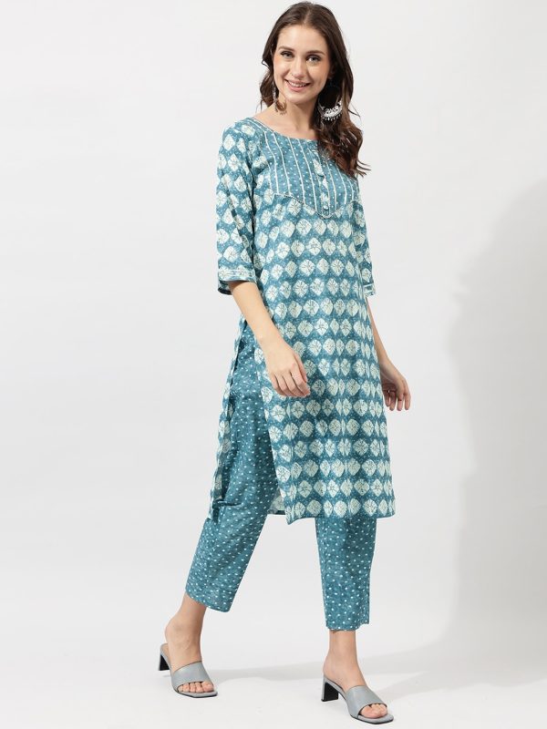 Kalini Blue Ethnic Motifs Printed Gotta Patti Pure Cotton Kurta with Trousers Hot on Sale