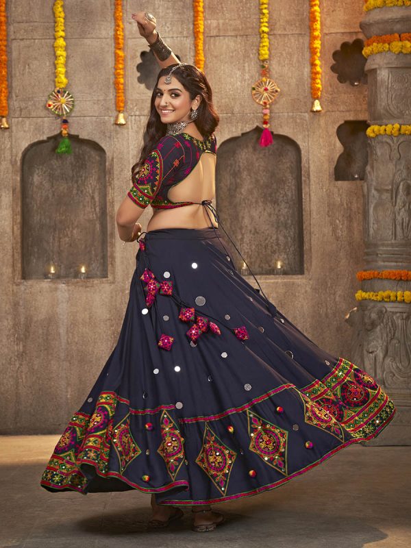 Myra Navy Blue Viscose Rayon and Cotton Embroidered with Print Designer Lehenga Hot on Sale