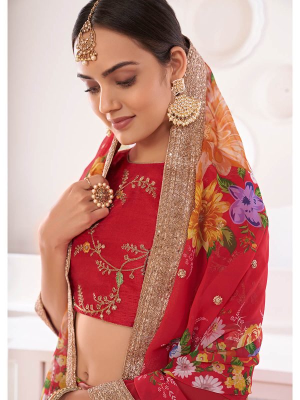 Myra Red Digital Printed Gorgette Lehanga Hot on Sale