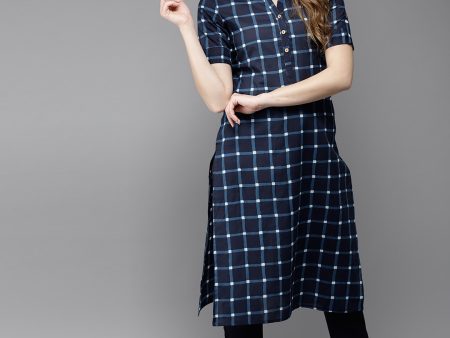 HERE&NOW Women Blue Checked Straight Kurta Online Sale