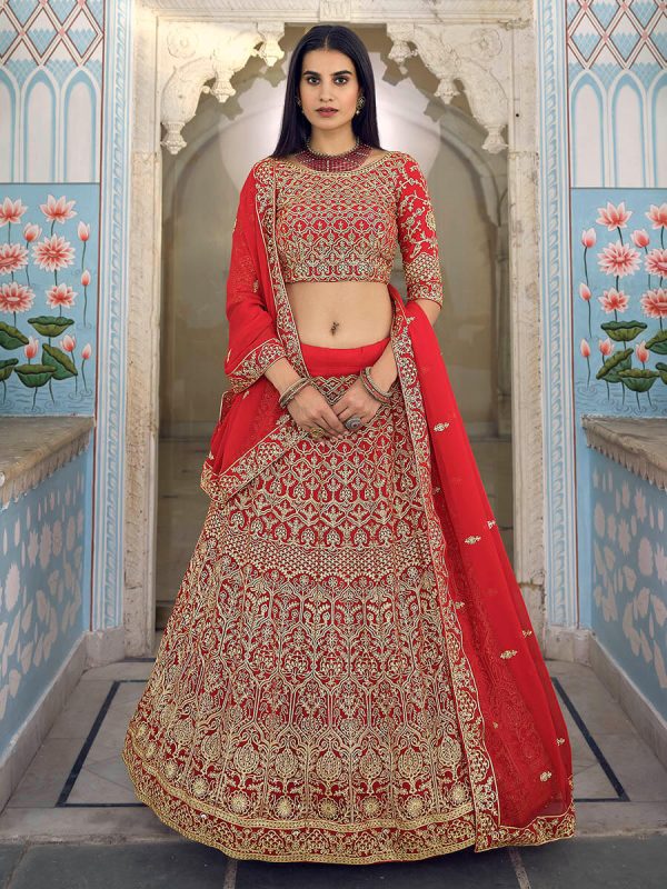 Myra Red Gorgette Embroidered Lehenga Sale