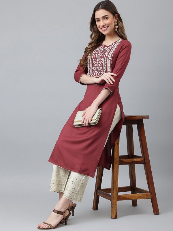 Khushal K Women Burgundy Yoke Design Kurta Online Sale