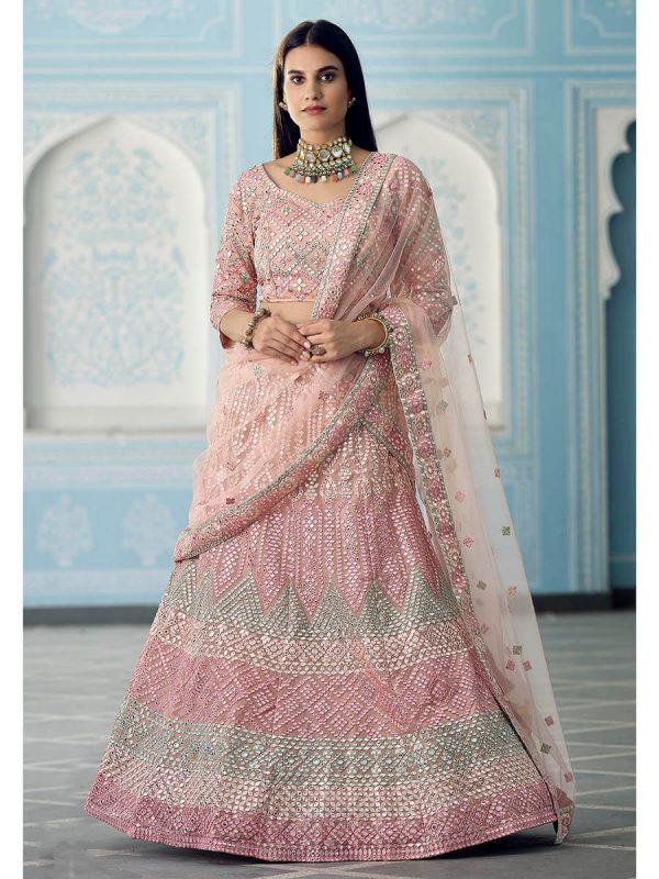 Myra Peach Organza Embroidered Lehenga For Cheap