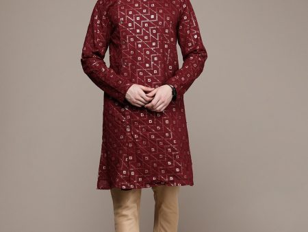 House of Pataudi Ethnic Motifs Embroidered Pure Cotton Sequinned Jashn Kurta For Cheap