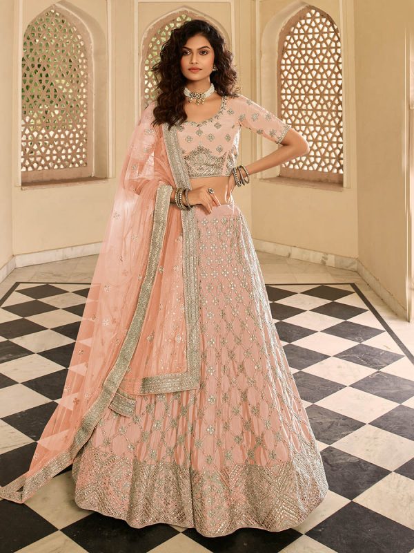 Myra Peach Organza Embroidered Lehenga Choli For Sale