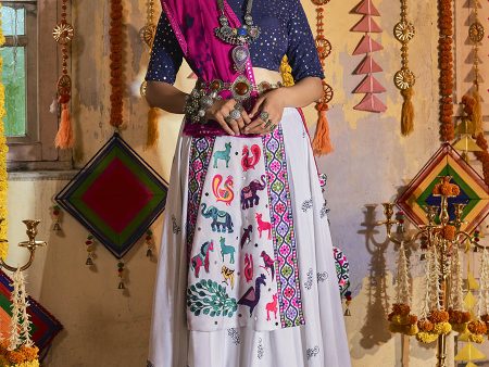 Myra White and Navy blue Maslin Cotton Embroidered Navratri Special Lehenga on Sale