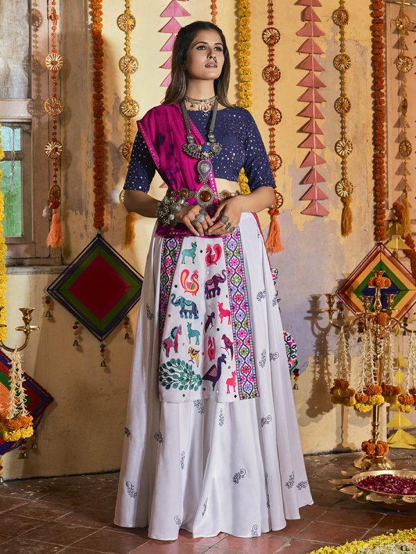 Myra White and Navy blue Maslin Cotton Embroidered Navratri Special Lehenga on Sale