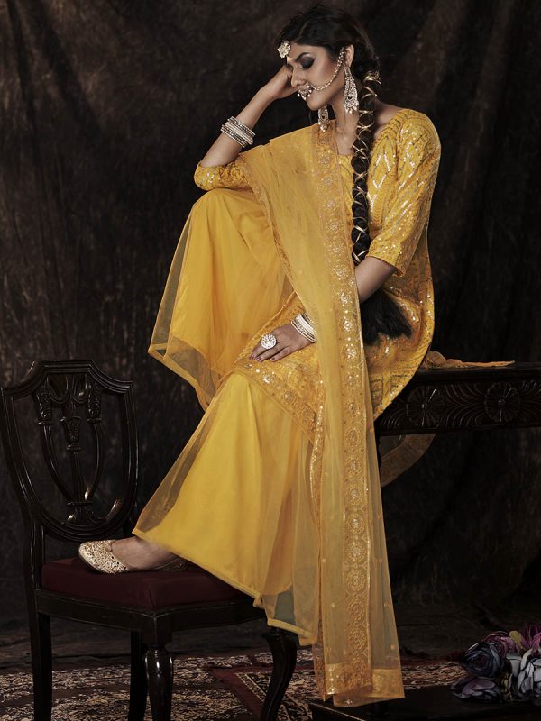 Myra Mustard Net Embroidered Sharara Suit Online now