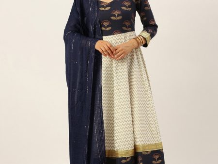 HERE&NOW Women Blue & Cream-Coloured Ethnic Motifs Printed Anarkali Kurta With Dupatta Supply