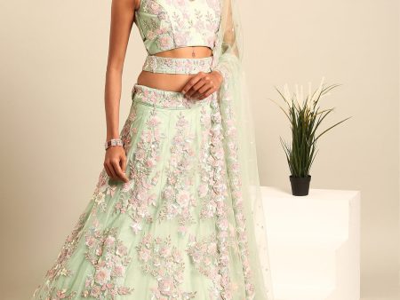 House of Panchhi Lime Green Net Sequins with heavy Zarkan embroidery Lehenga choli & Dupatta Sale