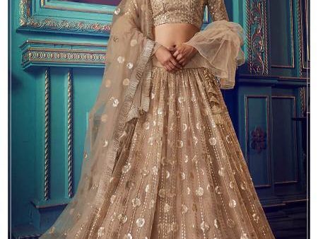 Myra Beige Heavy Embroidered Net Lehenga For Sale