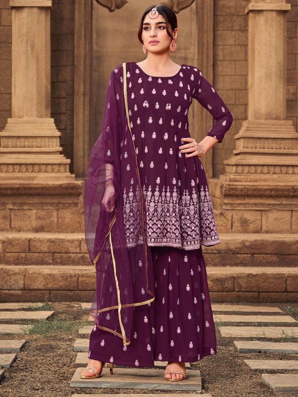 Myra Purple heavy Georgette Koti Style Embroidered Sharara Suit For Cheap