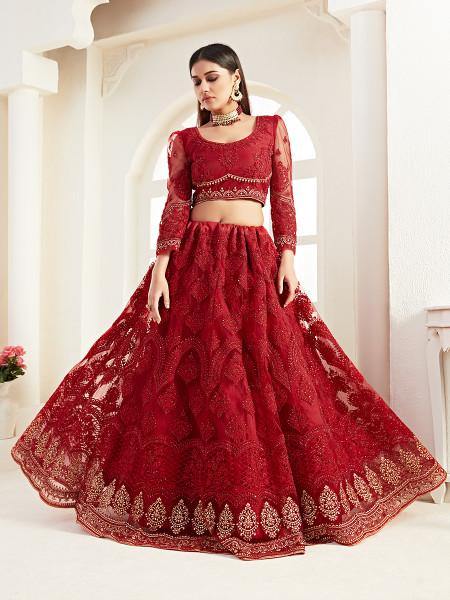 Myra Red Heavy Embroidered Net Lehenga For Cheap