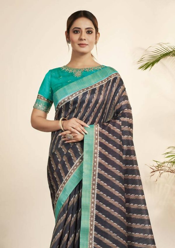 Navy Blue Bhagalpuri Silk Stripe printed with Stone Work & Hand Work Saree - Norita Nirvi Supply