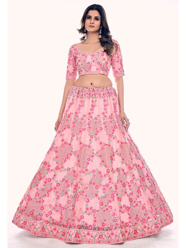 Myra Peach Soft Net Embroidered Designer Lehenga Choli on Sale