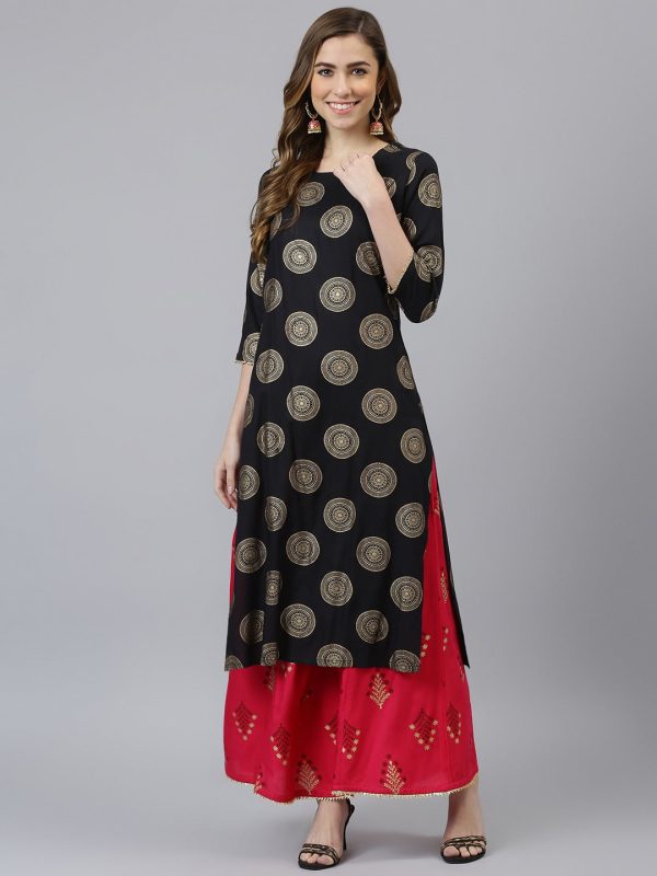 Khushal K Women Black & Gold-Toned Printed Kurta with Palazzos Fashion