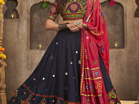 Myra Navy Blue Viscose Rayon and Cotton Embroidered with Print Designer Lehenga Hot on Sale