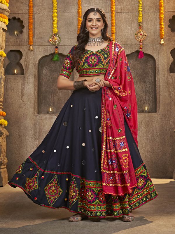 Myra Navy Blue Viscose Rayon and Cotton Embroidered with Print Designer Lehenga Hot on Sale