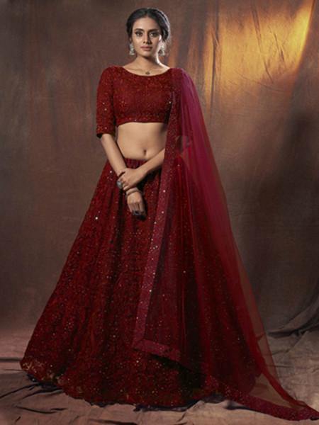 Myra Maroon Embroidered Soft Net Lehenga Discount