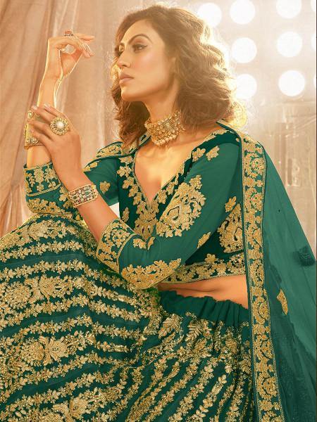 Myra Rama Green Heavy Embroidered Net Lehenga Online Sale