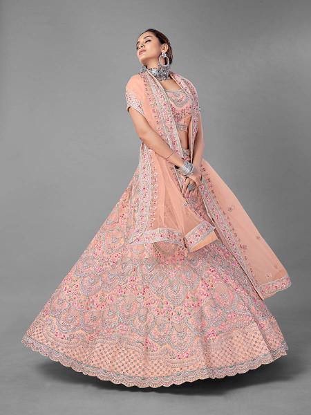 Myra Peach Heavy Embroidered Soft Net Bridal Lehenga For Women Online now