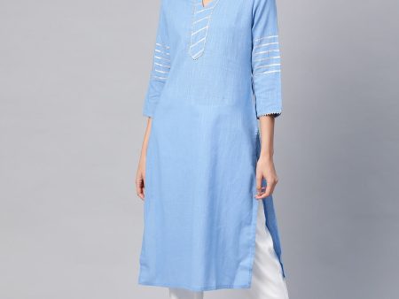 HERE&NOW Women Blue & White Pure Cotton Solid Straight Kurta Online