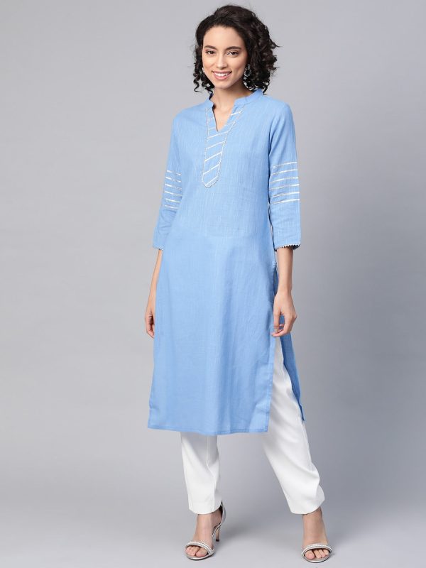 HERE&NOW Women Blue & White Pure Cotton Solid Straight Kurta Online