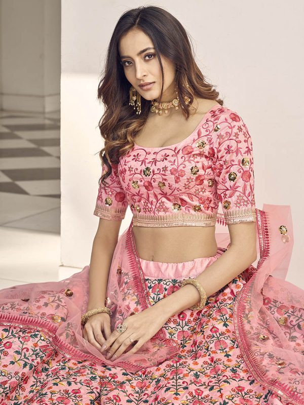 Myra Pink Art Silk Heavy Embroidered Lehenga Hot on Sale