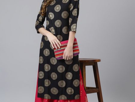 Khushal K Women Black & Gold-Toned Printed Kurta with Palazzos Fashion