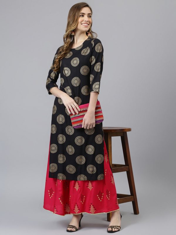 Khushal K Women Black & Gold-Toned Printed Kurta with Palazzos Fashion