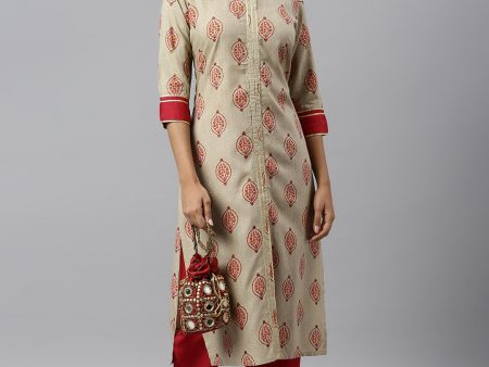 Khushal K Women Cream-Coloured Ethnic Motifs Printed Regular Gotta Patti Kurta with Palazzos Online