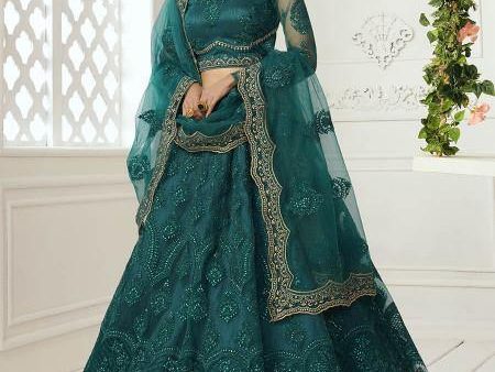 Myra Rama Green Heavy Embroidered Net Bridal Lehenga Online now