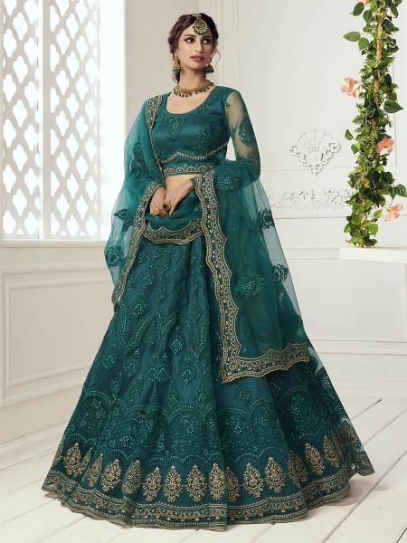 Myra Rama Green Heavy Embroidered Net Bridal Lehenga Online now