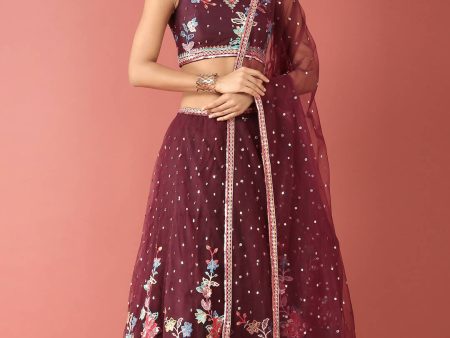 House of Panchhi Burgundy Net Multi colour Thread & Sequinse Work Lehenga & Blouse, Dupatta For Sale