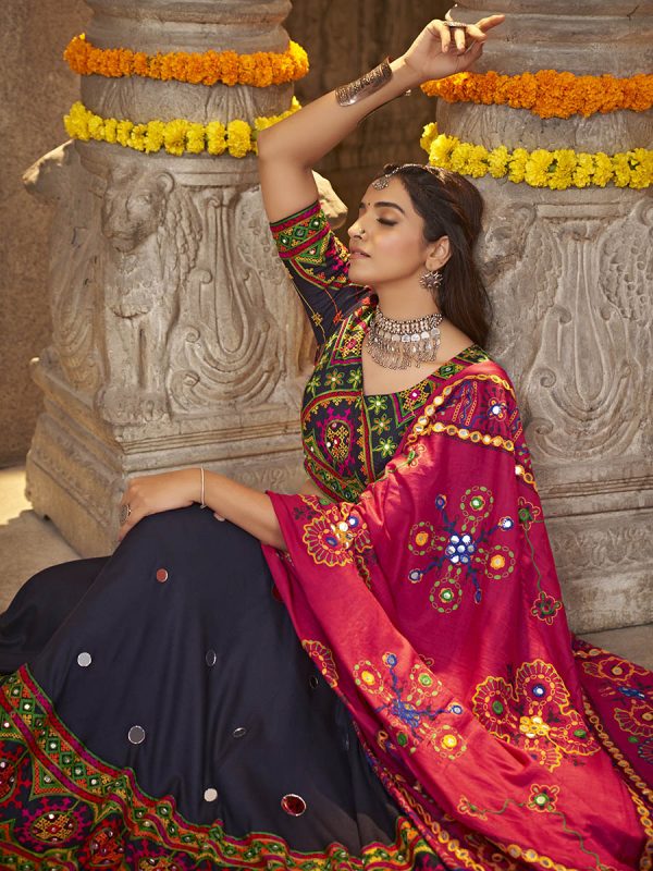 Myra Navy Blue Viscose Rayon and Cotton Embroidered with Print Designer Lehenga Hot on Sale