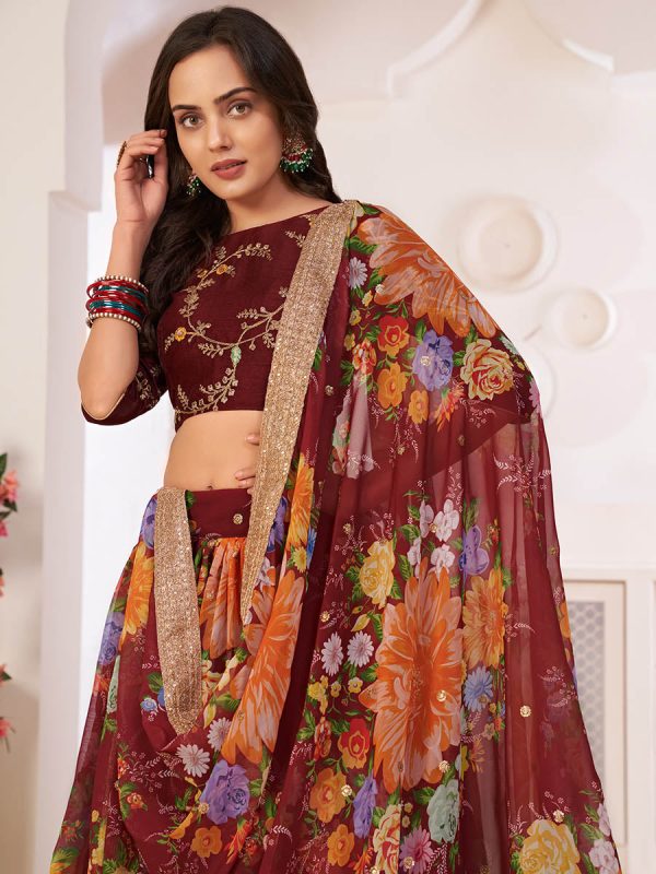 Myra Maroon Digital Printed Georgette Lehanga For Cheap