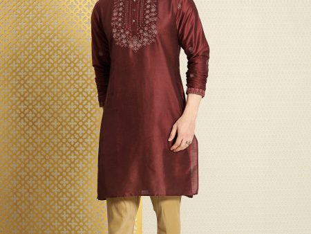 House of Pataudi Men Maroon Floral Yoke Design Jashn Kurta Online Hot Sale