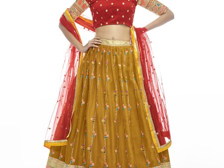 Myra Musturd Satin Georgette Embroidered Designer Lehenga Cheap