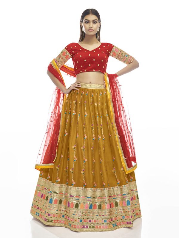 Myra Musturd Satin Georgette Embroidered Designer Lehenga Cheap