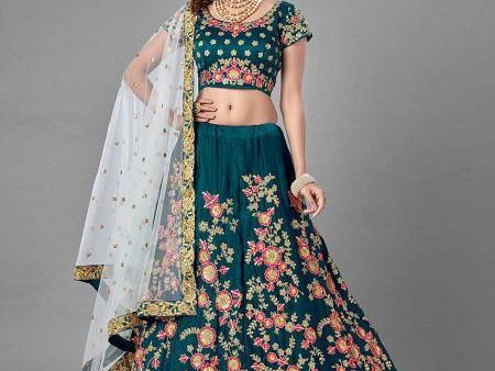 Myra Rama Green Heavy Embroidered Satin Velvet Bridal Lehenga Cheap