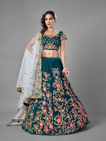 Myra Rama Green Heavy Embroidered Satin Velvet Bridal Lehenga Cheap