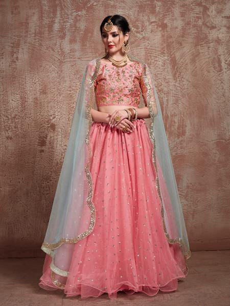 Myra Pink Soft Net Heavy Embroidered Lehenga Hot on Sale