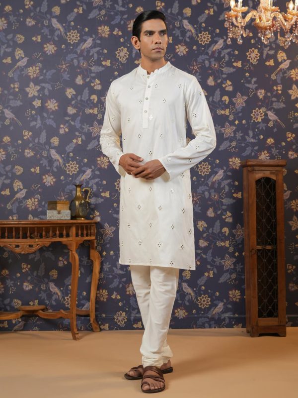 House of Pataudi Men Off White Geometric Embroidered Mirror Work Kurta on Sale