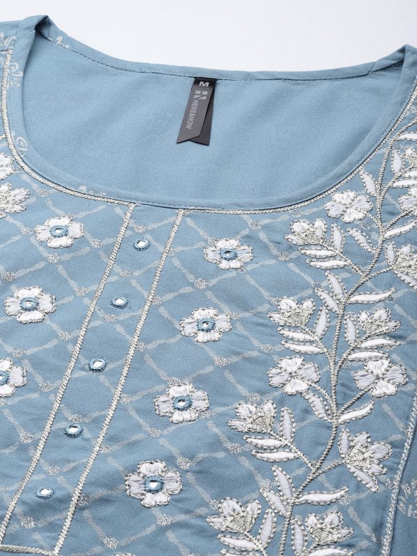 HERE&NOW Women Blue & White Ethnic Embroidered Kurta with Trousers & With Dupatta on Sale