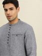 House of Pataudi Men Navy Blue & White Woven Design Straight Kurta For Cheap