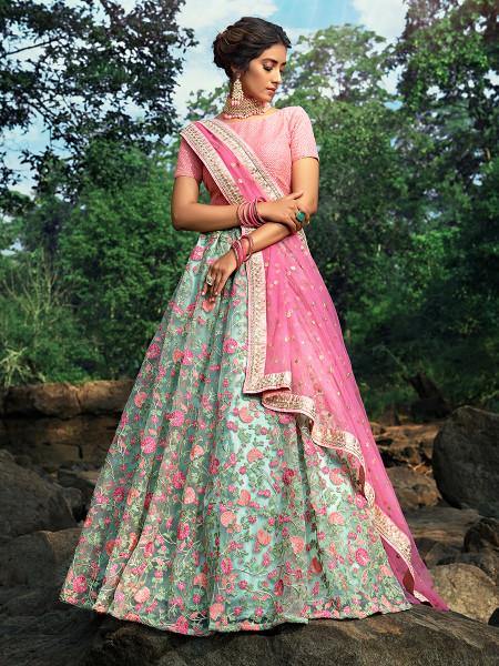 Myra Pink and Light Green Embroidered Net Lehenga Fashion