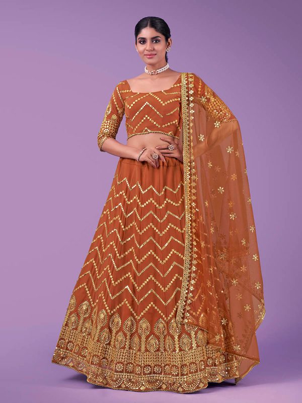 Myra Orange Georgette Embroidered Designer Lehenga Online Sale