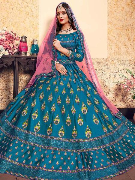 Myra Sky Blue Satin Embroidered Lehenga For Cheap