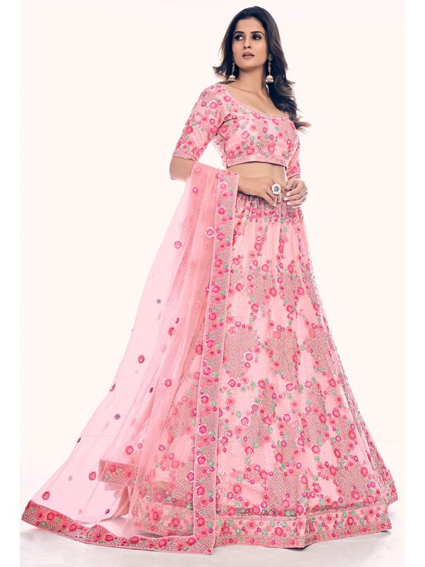 Myra Peach Soft Net Embroidered Designer Lehenga Choli on Sale